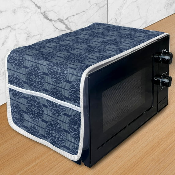 Ethnic Microwave Oven Cover, Tribal Effect Art with Spots Hatches Tree Trunk and Roots Look Woodsy Pattern, Water Resistant Organizer with Pockets for Kitchen, 36" x 12", Night Blue, by Ambesonne