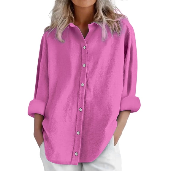 Womens Daily Casual Linen Shirts Long Sleeve Shirts Tops Casual Blouses Loose Fit Shirt Pink Women Blending Shirts Women Shirts(XL)