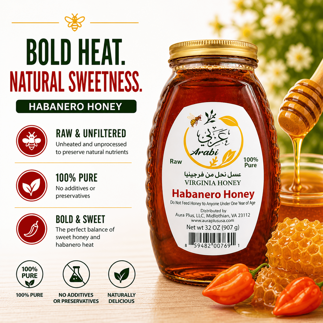 Arabi Raw Virginia Habanero Honey – 100% Pure Natural Honey with Habanero Peppers, 32 oz