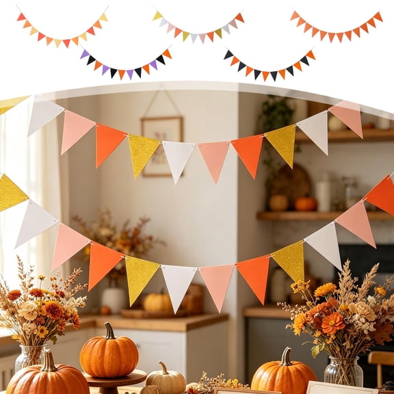 Multicolor Paper Triangle Banners, Classic Fall Harvest & Halloween Color Combos, Pre-strung Indoor Party Decor for Mantels, Doorways, Birthday, Lazyguy