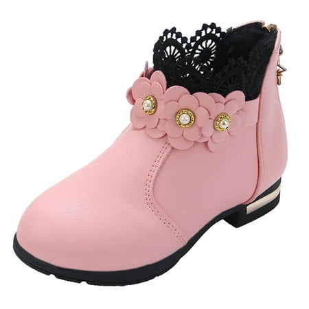 Quealent Back To School Girls Winter Boots Little Kids Combat Winter Snow Work Booties Waterproof Lace Up Rubber Sole Outdoor Casual Shoes (Pink 3.5)