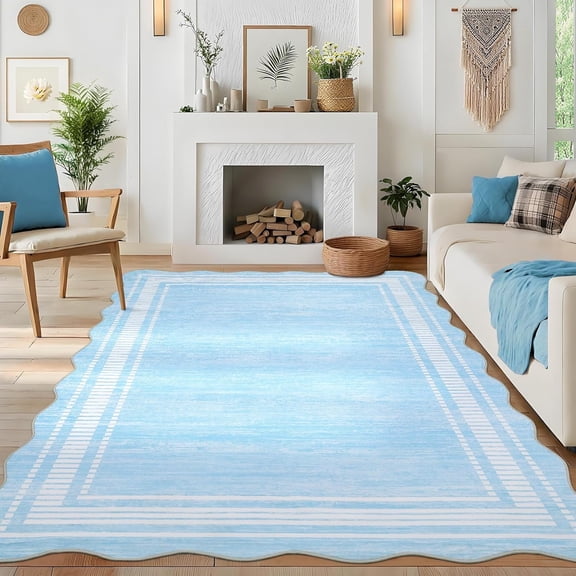 8x10 Washable Area Rug, Scalloped Low Pile Non Slip Soft Indoor Carpet, Stain Resistant Decorative Rug for Living Room, Bedroom, Dining Room, Office,light blue