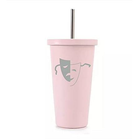 

16 oz Stainless Steel Double Wall Insulated Tumbler Pool Beach Cup Travel Mug With Straw Drama Mask (Light Pink)