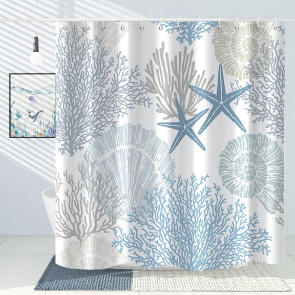 Nautical Beach Shower Curtain, Blue Tropical Coral Ocean Seashell Starfish Machine Washable Waterproof Fabric for Bathroom Bathtub Decor with Hooks 72x72