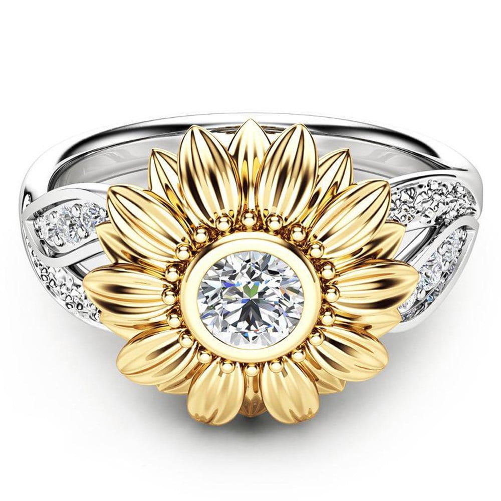 Sinwo Women's Exquisite Two Tone Silver Floral Ring Round Diamond Gold Sunflower Jewel Gift