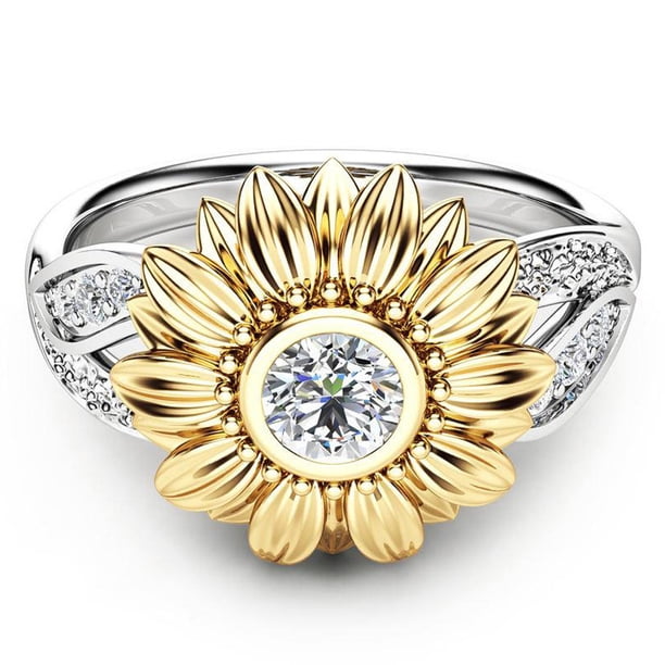 Fiudx Exquisito Anillo Floral de Dos Tonos para Mujer con Joya de Girasol Redondo