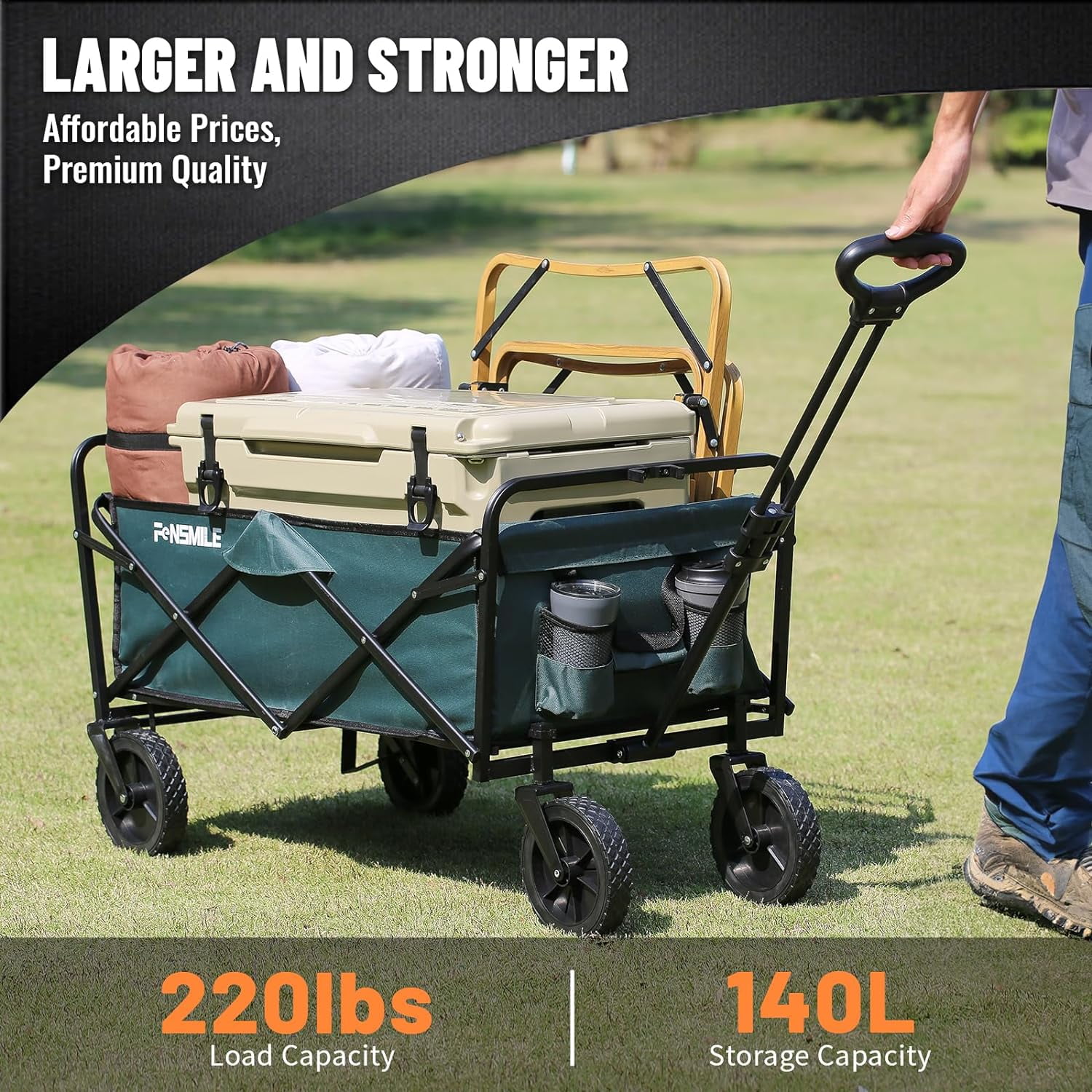 Collapsible Folding Wagon, Foldable Utility Cart for Outdoor Camping, Grocery, Sports, Beach - All Terrain Heavy Duty 220Lbs Capacity