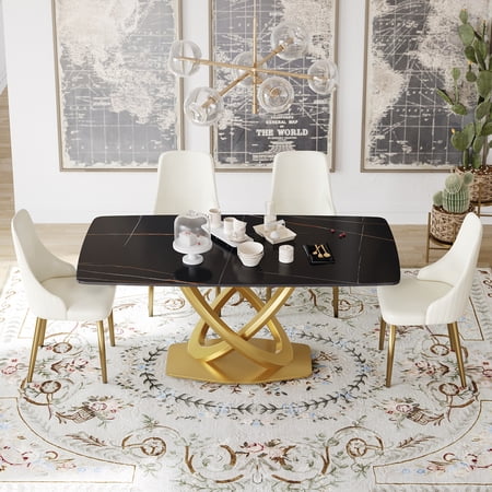 LovingAHome Modern White Dining Table for 6 71 Faux Marble Marble Sintered Stone Top with X-Shape Gold Pedestal for Kitchen/Dining Room(Table Only)