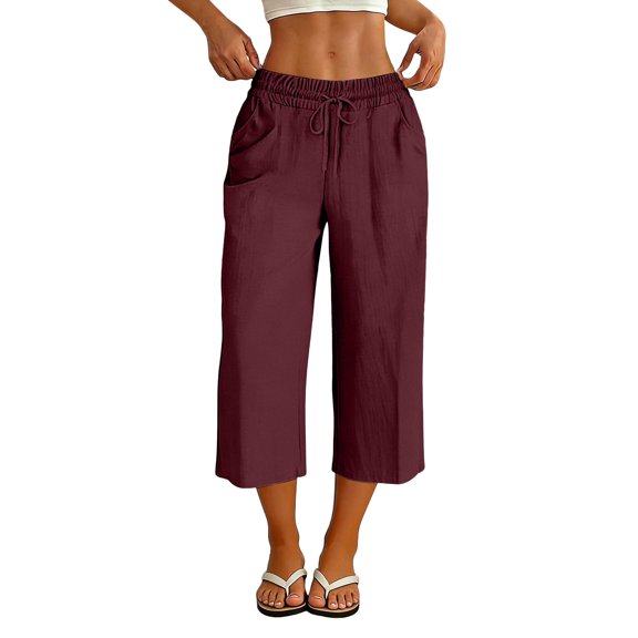 Posijego Women's Capri Pants Drawstring Elastic Waist Wide Leg Capris Summer Casual Cropped Loose Pants with Pockets S-3XL