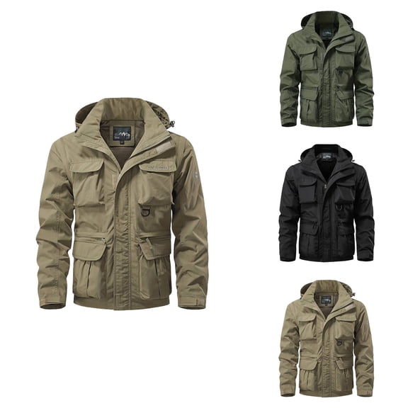 Men's Workwear Jacket with Removable Sleeves & Hood, Multi-Pocket Outdoor Hiking Coat, Zip-Up Long Sleeve Cargo Bomber Outerwear