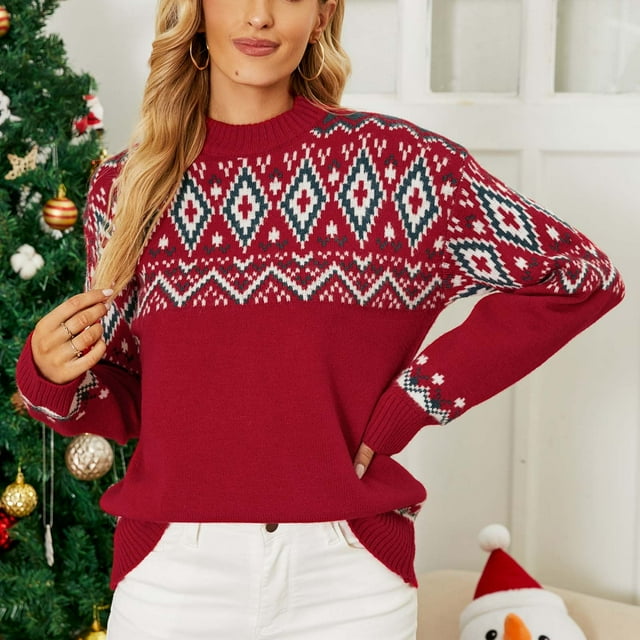 Babysbule Chandails Grande Taille pour Femmes Nouvelles Arrivées Chandail à Col Rond Imprimé de Noël Récréatif Pull Tricoté Manches Longues Hauts Liquidation Mode Féminine