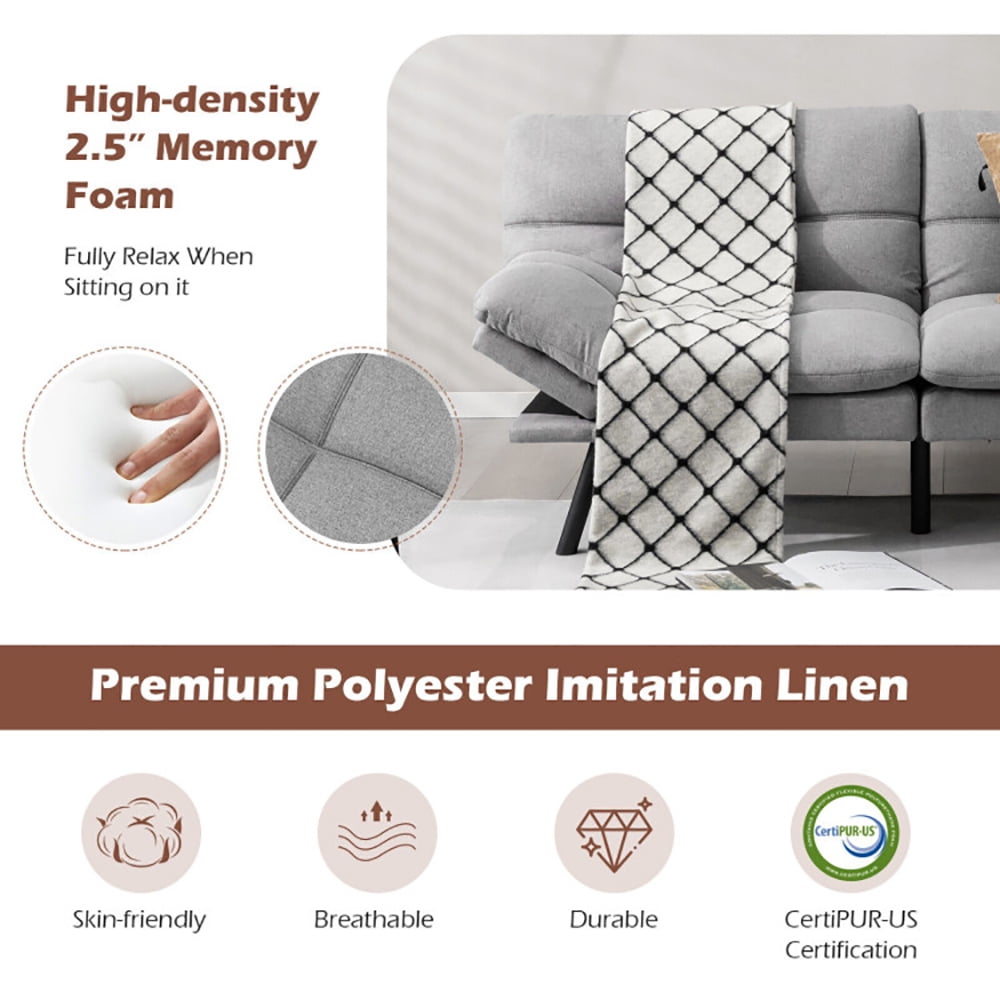 Finihen Sofa Bed, Convertible Memory Foam Couch Bed, Convertible Memory Foam Futon Sofa Bed with Adjustable Armrest, for Living Room, Gray