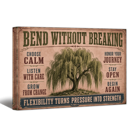 Bend Without Breaking Canvas Wall Art Motivational Quotes Picture Print, Positive Retro Artwork Affirming Tree Painting for Home Living Room Bedroom Office Decor