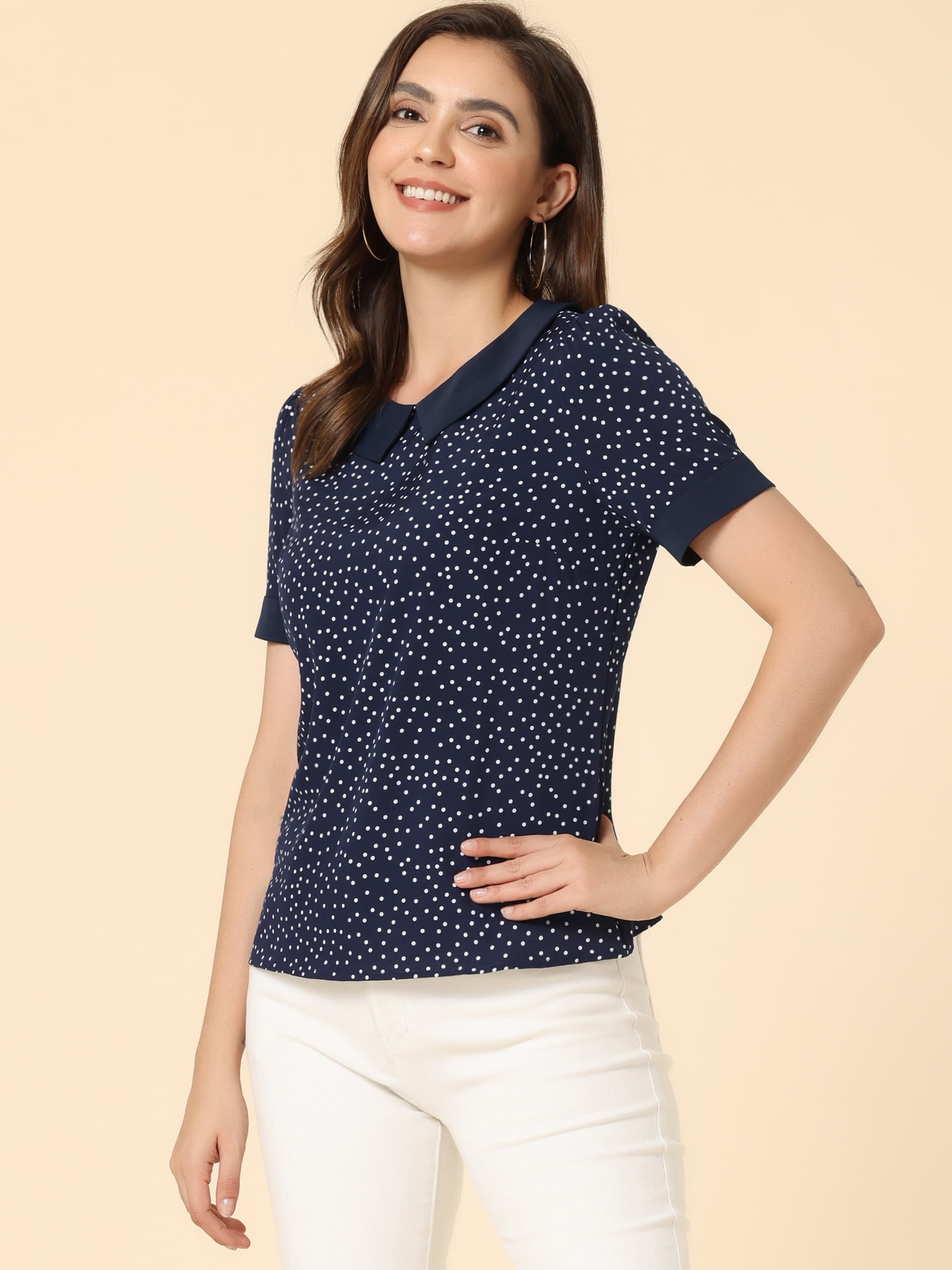 DARING DIVA Women's Peter Pan Collar Polka Dots Short Sleeve Tops XS Navy Blue