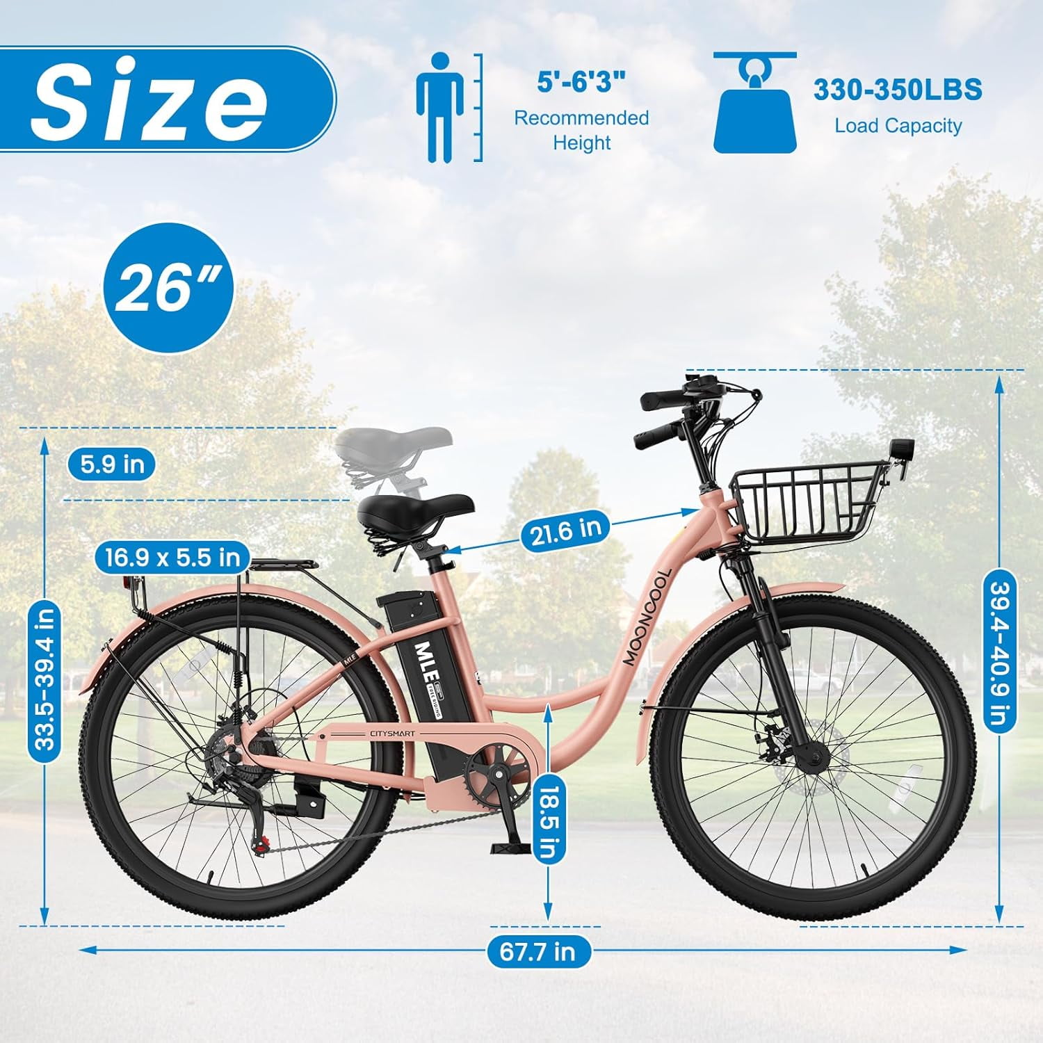 MOONCOOL Electric Bicycle for Adults 350W , 7-Speed Ebike with 36V 10.4Ah Removable Battery， 40 Miles Range , 20 mph Electric Commuter Bike for Women Men