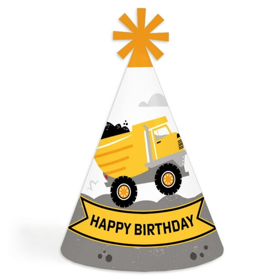 Big Dot of Happiness Dig It - Construction Party Zone - Cone Happy Birthday Party Hats for Kids and Adults - Set of 8 (Standard Size)