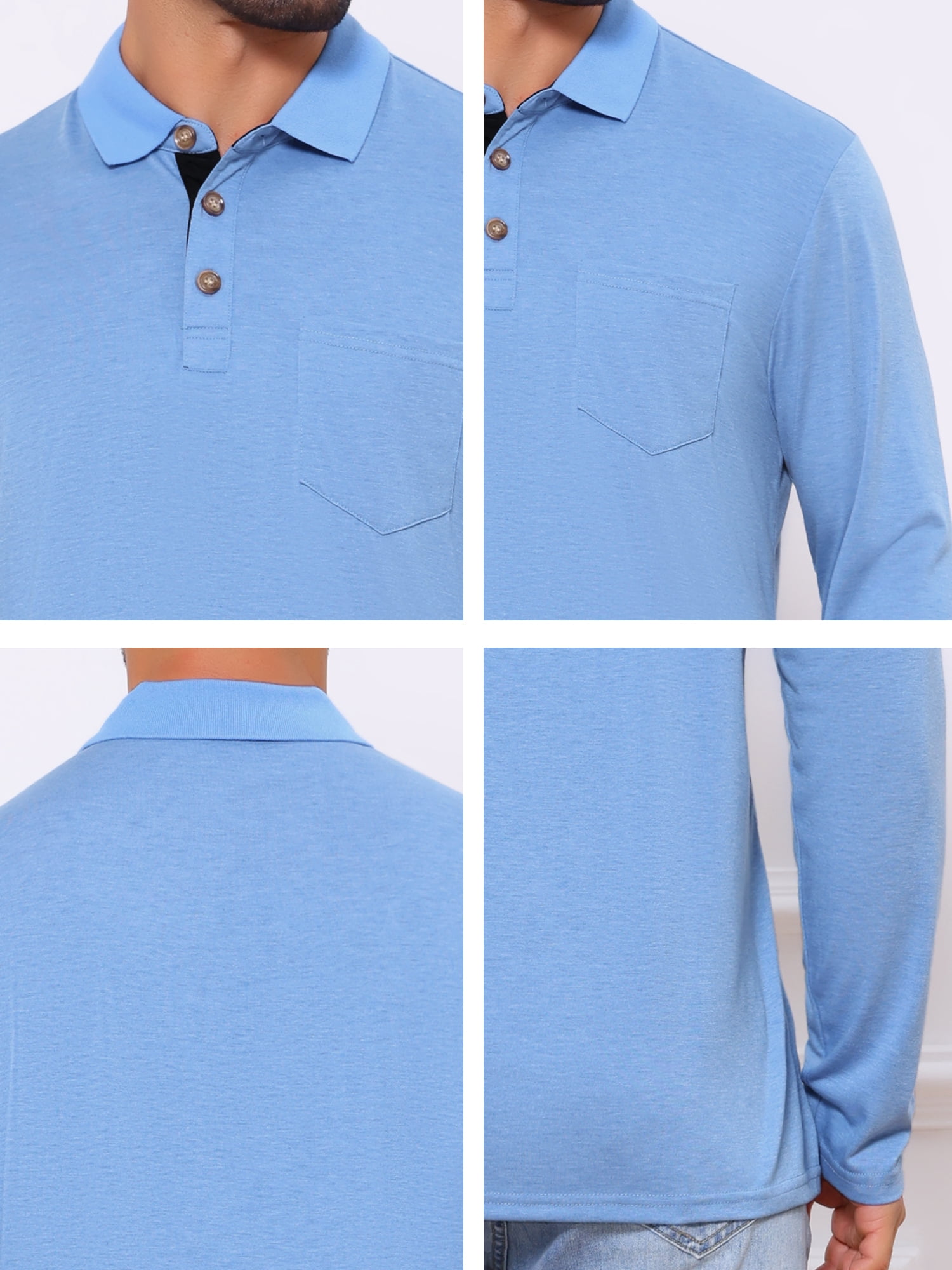 DARING DIVA Men's Contrast Button Collared Long Sleeves Golf Polo T-Shirts M Light Blue