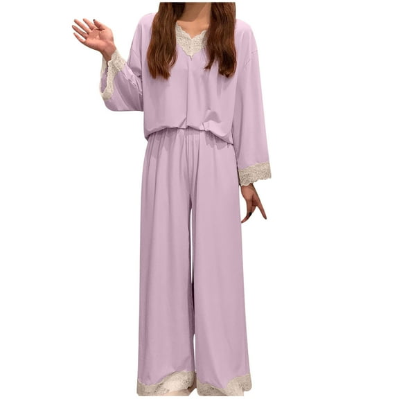 Rohuuque Silk Pajamas Set for Women V Neck Lace Trim Sleepwear Set Long Sleeve Top Pants Lightweight Home Outfit Purple