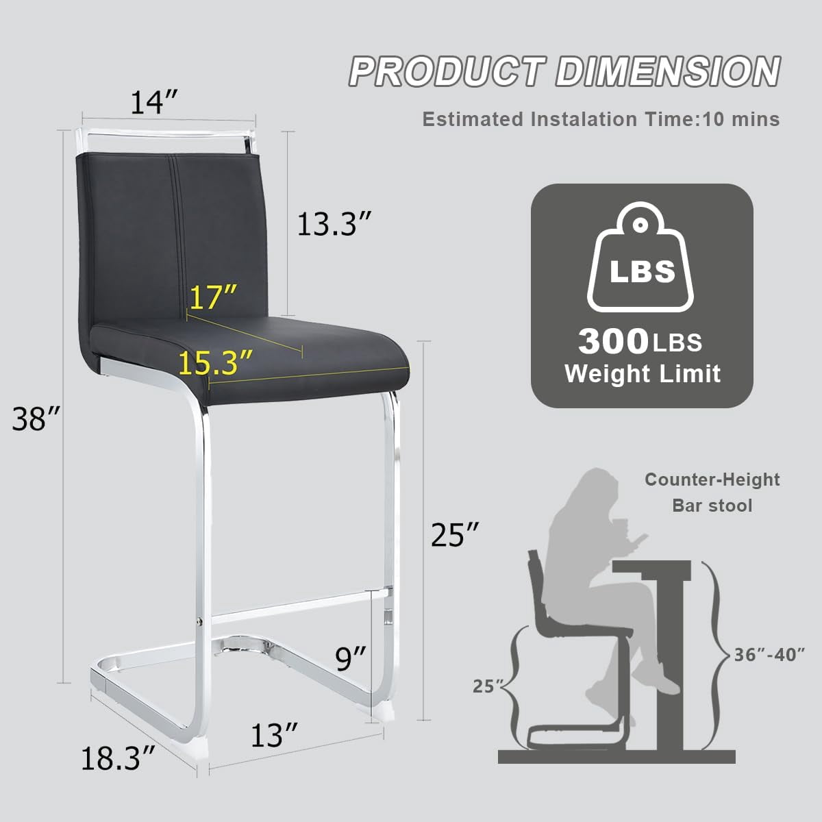 Lecut Bar Stools Set of 2,Counter Height Bar Stools with Back and Footrest,Modern Leather Counter Stools,Armless Dining Chairs for kitchen island,Pub,Bar,Black