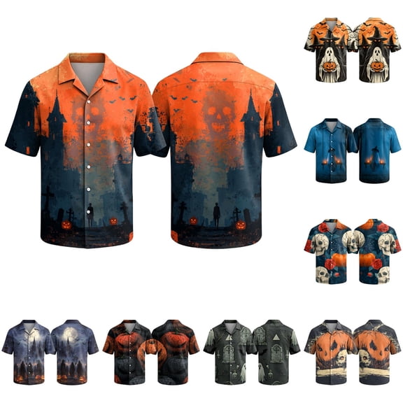Halloween Shirts for Men Witch Hat Spider Print Collared Cute T Shirt Castle Graphic Short Sleeve Funny Horror Tees 3XL