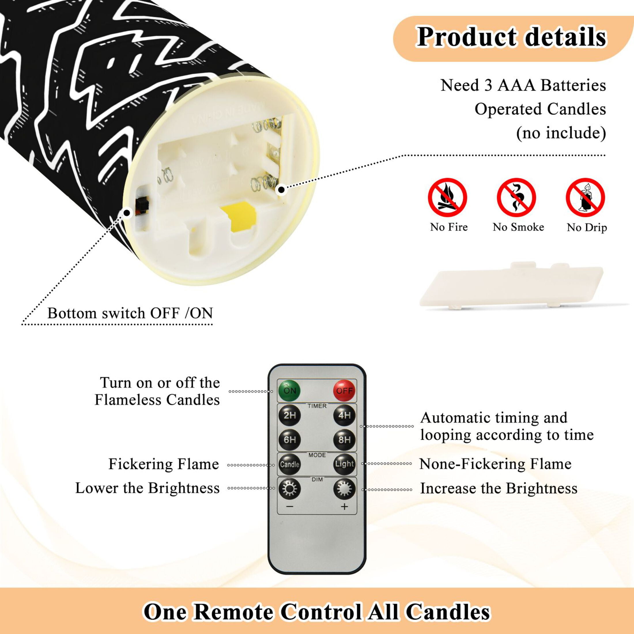 Minimalist Lines Pattern Flameless Candles 2 PCS with Remote Realistic Moving Flame LED Tapered Pillar Set for Home Decor