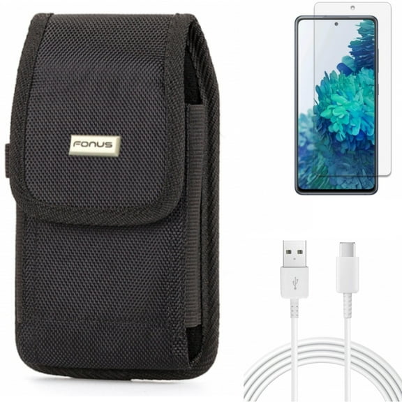 Screen Protector & Case Belt Clip & 10ft USB-C Cable for Samsung Galaxy S20 Fan Edition - Anti-Glare Tempered Glass   Swivel Holster   Type-C Charger Cord Combo