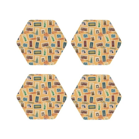 

Drink Coasters Set of 4 world Stamp design Leather Coasters for Coffee Table Protector Heat Resistant Cute Coasters for Home Decor Housewarming Gifts Bar Kitchen 4 Inch Hexagon