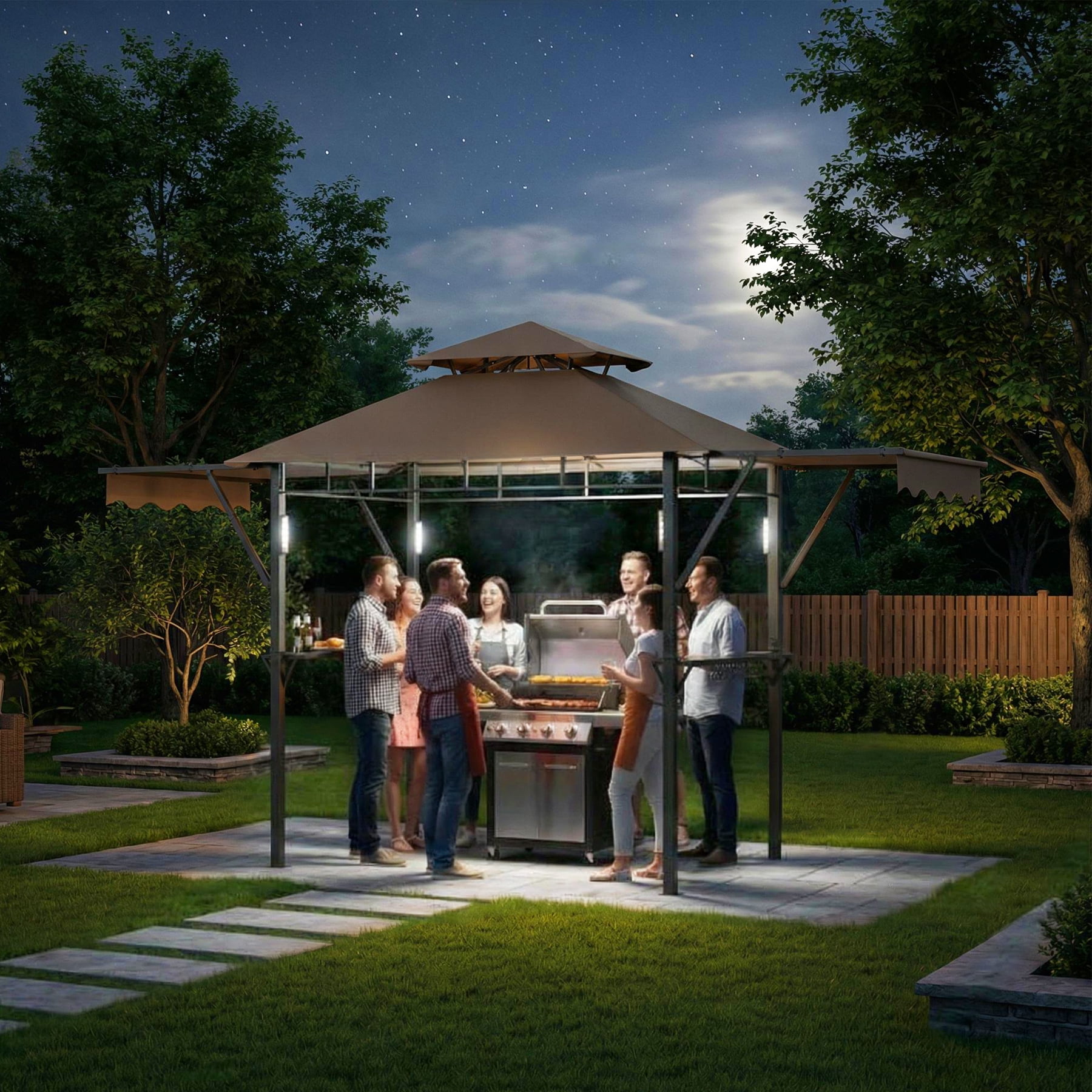 Heavy Duty Grill Gazebo with Double-Tiered Canopy, Side Shelves, LED Lights, Hooks & Bottle Opener for Patio, Backyard & Garden