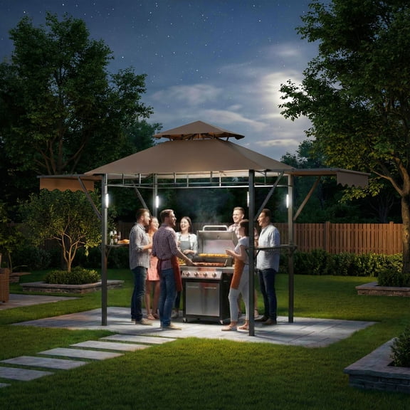 Heavy Duty Grill Gazebo with Double-Tiered Canopy, Side Shelves, LED Lights, Hooks & Bottle Opener for Patio, Backyard & Garden