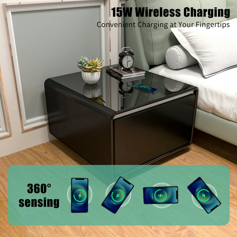 Smart Fridge Side Table Nightstand Wireless Charging USB Charger with Lights