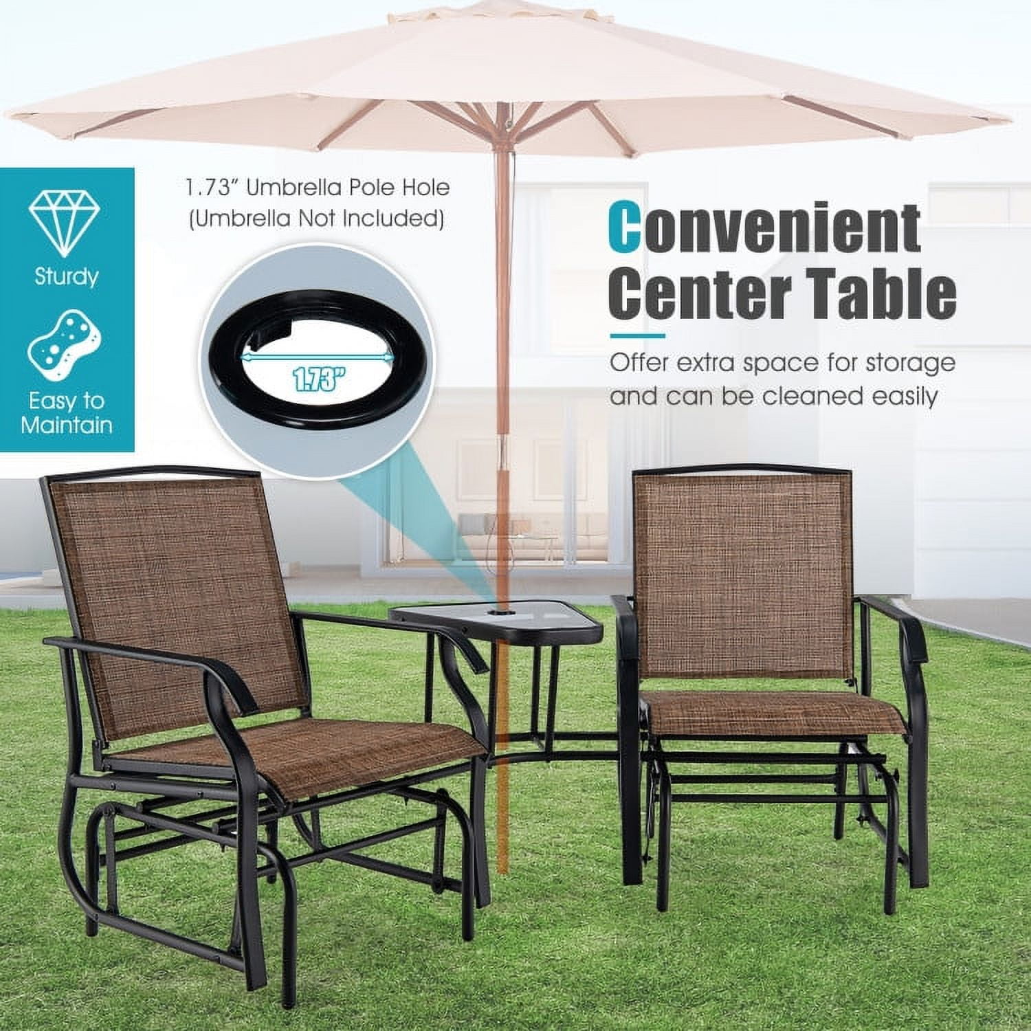 Aimee Lii Patio Conversation Sets, Double Swing Glider Rocker Chair Set with Glass Table, Brown