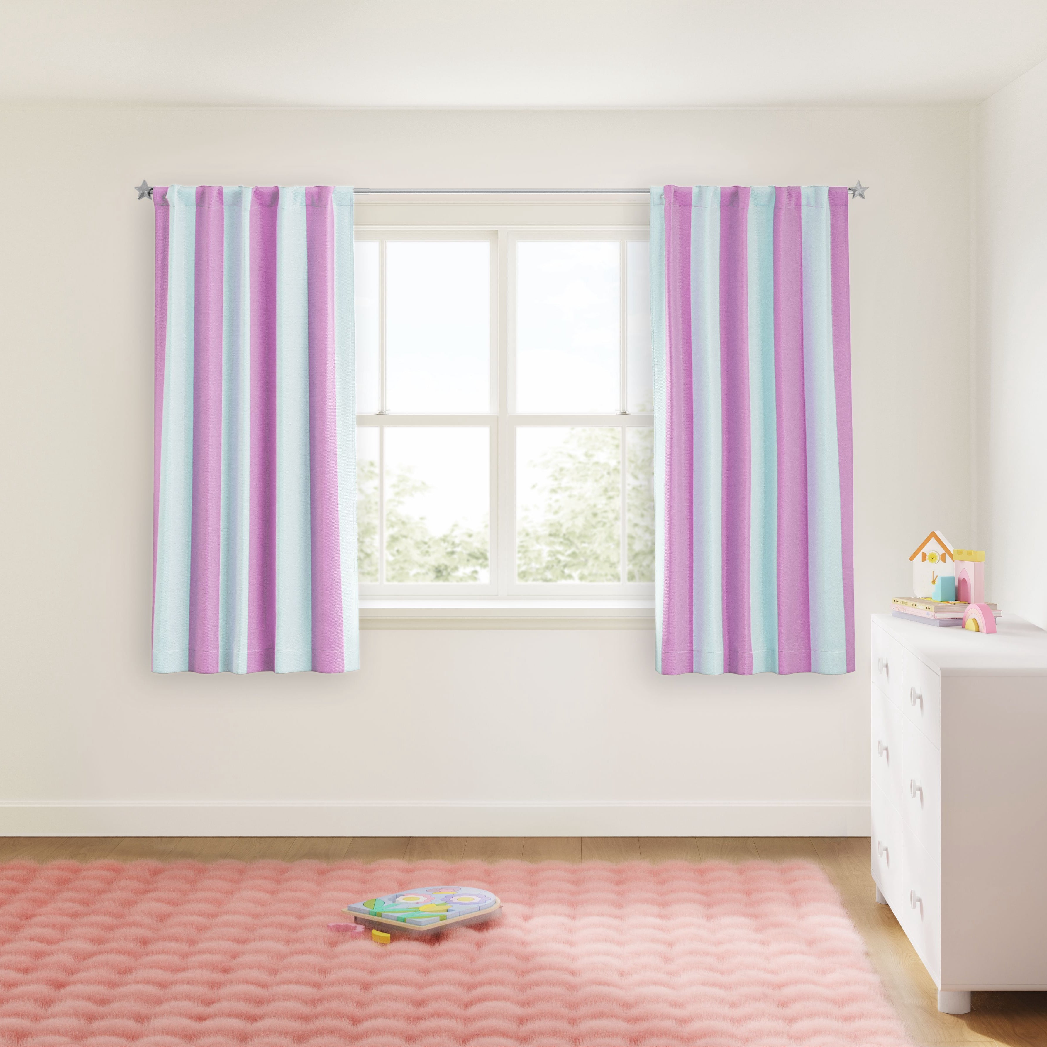 Mainstays Kids Blue and Purple Cabana Stripe Printed Blackout Rod Pocket with Back Tabs Single Curtain Panel, Set of 1, 38" W x 63" L