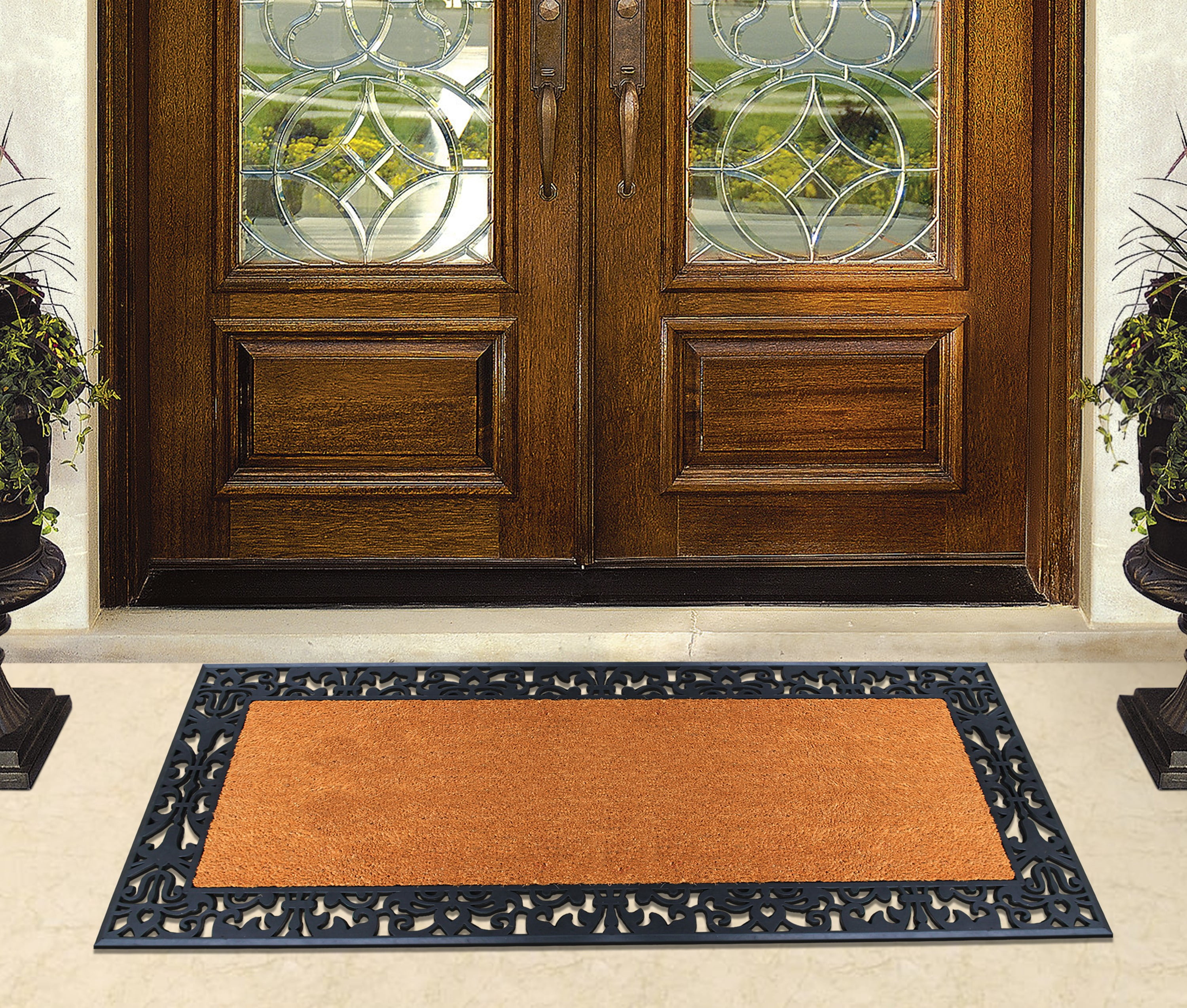 A1HC Natural Coir And Rubber Large Doormat, Outdoor Entrance, Paisley Border, 30x60 Inches, Black