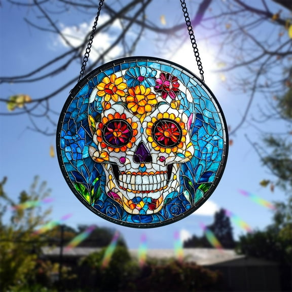 Sugar Skull Floral Stained Glass Suncatcher, Halloween Window Hanging, Dia de los Muertos Inspired Home Decor