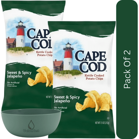 Cape Cod Sweet & Spicy Jalapeno Kettle Cooked Potato Chips, 7.5 oz Bag With Olive Green Bowl By ValueNest