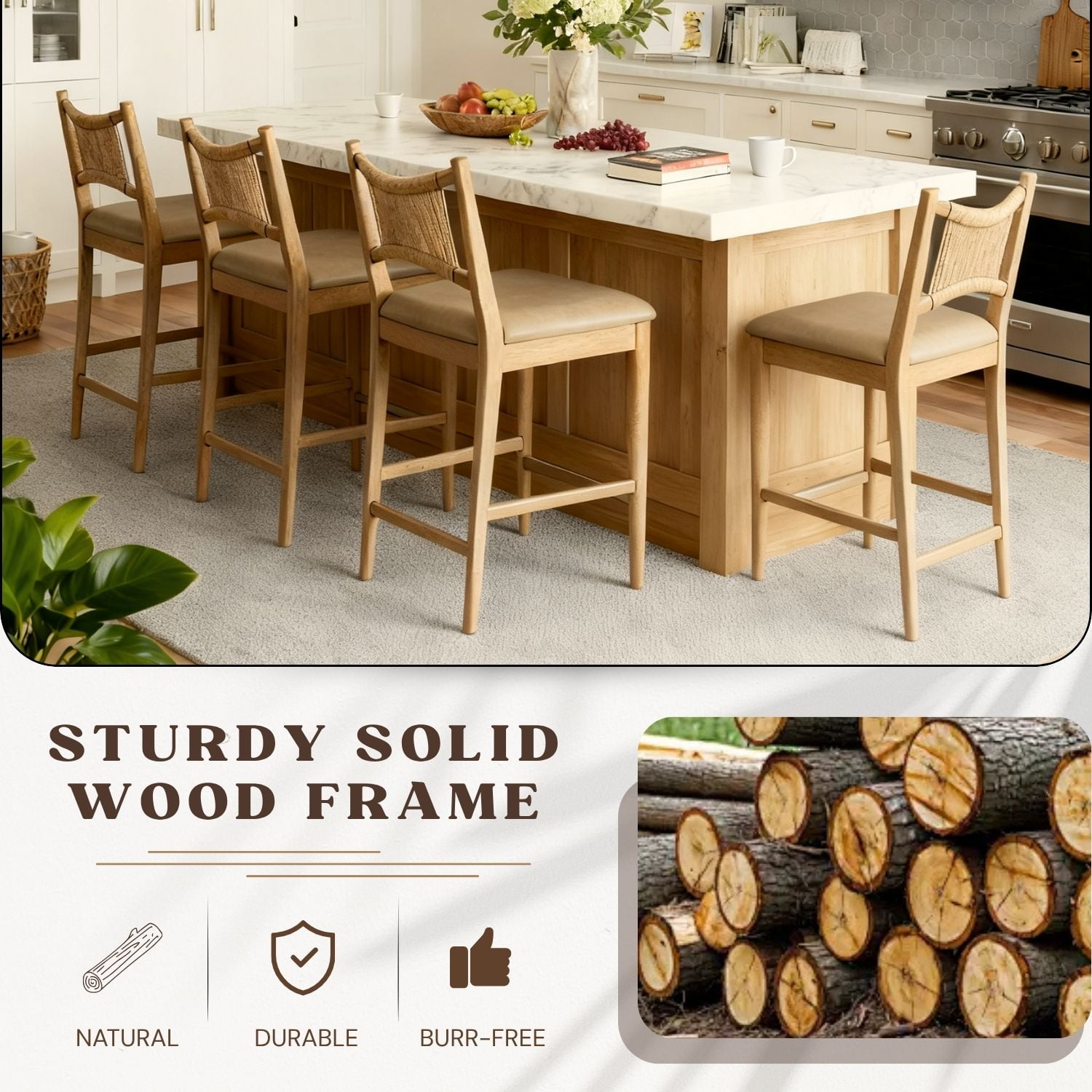 Dayalane Farmhouse Bar Stools Set of 6, 25.5" Counter Height Bar Stools with Paper Cord Woven Back Solid Wood Frame, PU Leather Upholstered Kitchen Island Chairs for Dining Room Home Bar, Brown