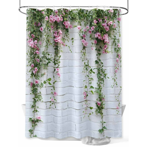 Shower Curtain Pink Flower Vine Shower Curtains for Bathroom, Waterproof Polyester Shower Curtain Set with Hooks, Small Stall Size 36" x 72" Green Leaf