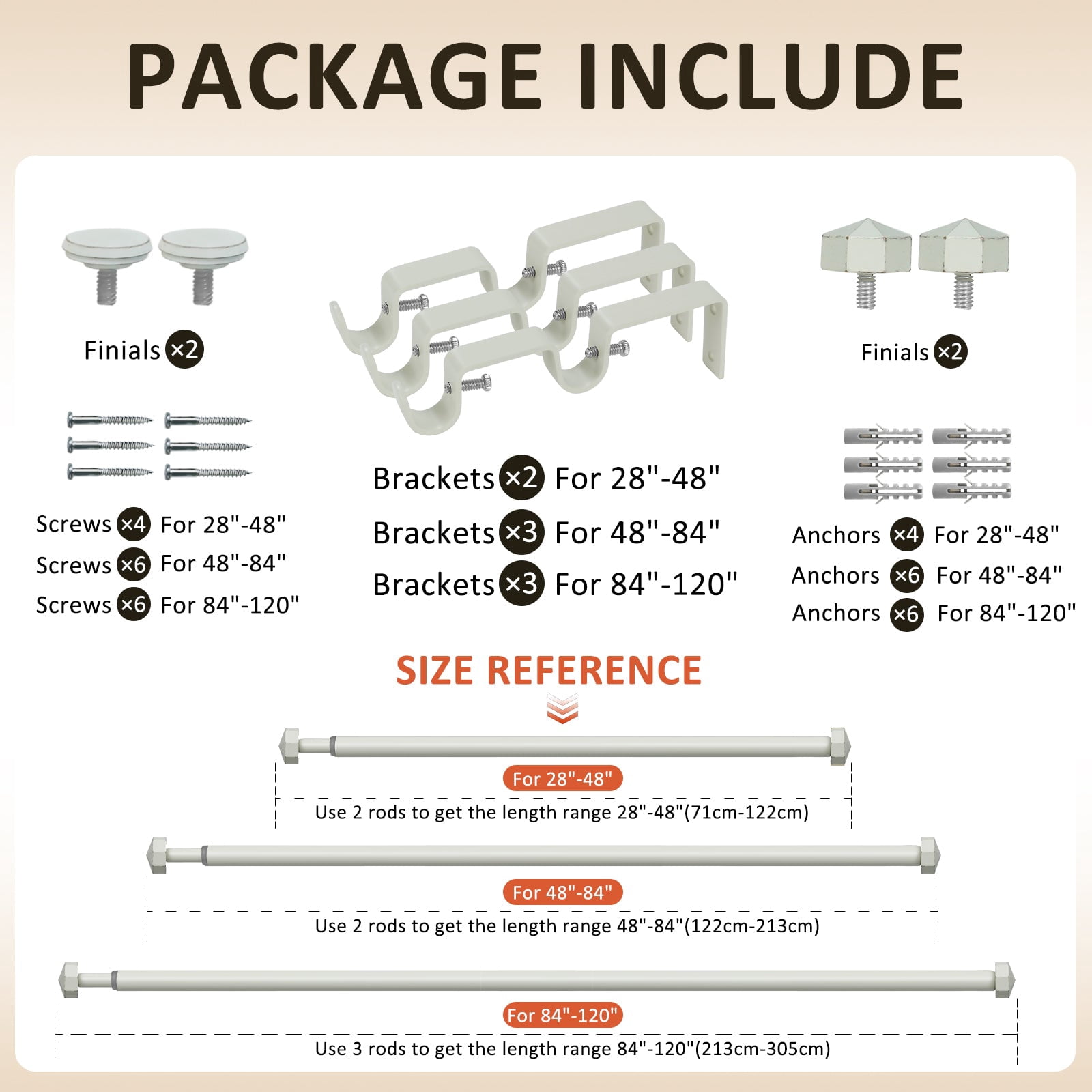 Ridicili 5/8" Telescoping Double Curtain Rods with Octagonal Finials, Weathered White,,48"-84", 5/8 Inches Front and 1/2 Inches Back Double Window Drapery Rod