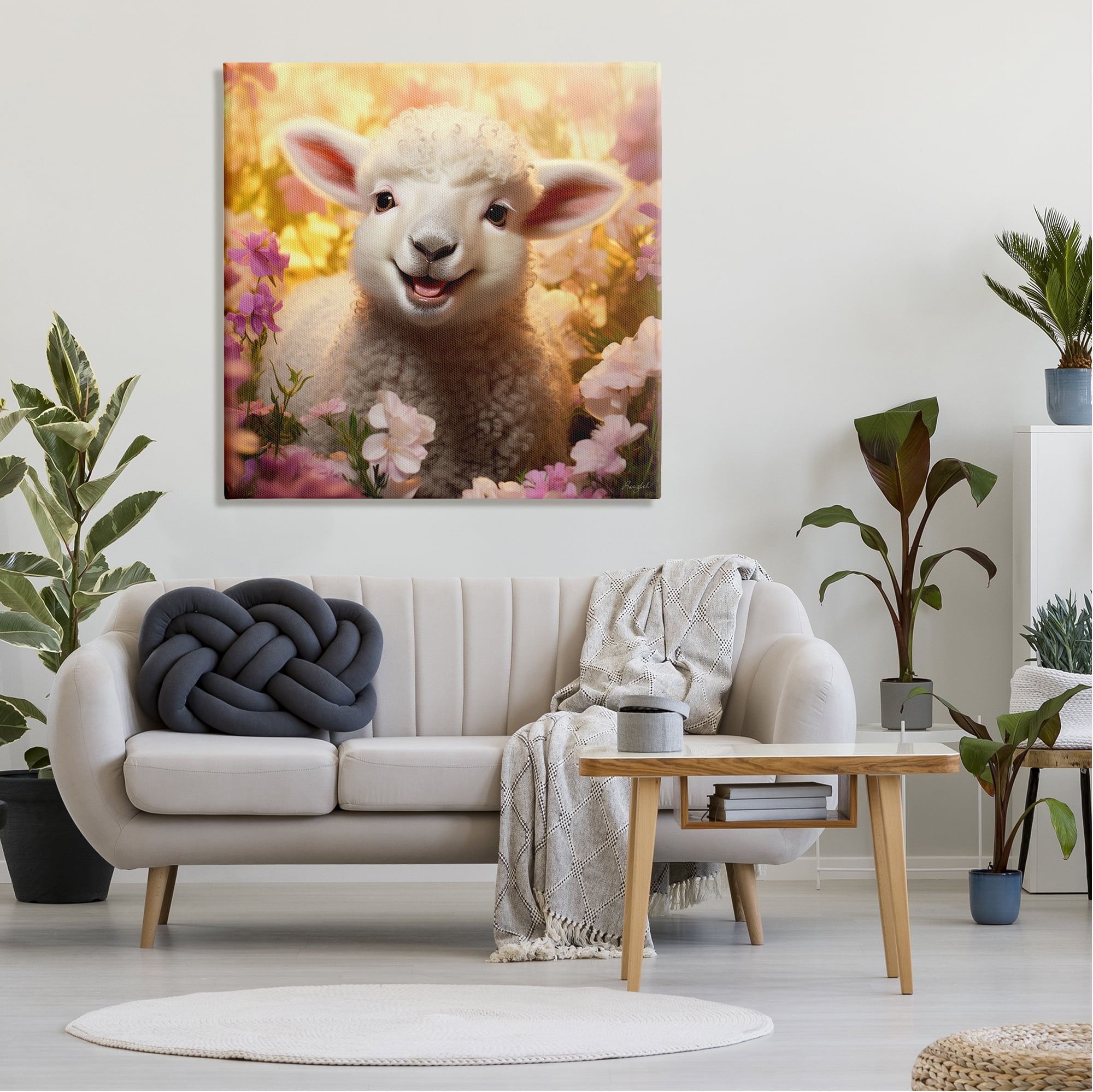 Stupell Industries Lamb in Flower Meadow Animals & Insects Painting Gallery Wrapped Canvas Art Print Wall Art, 36 x 36
