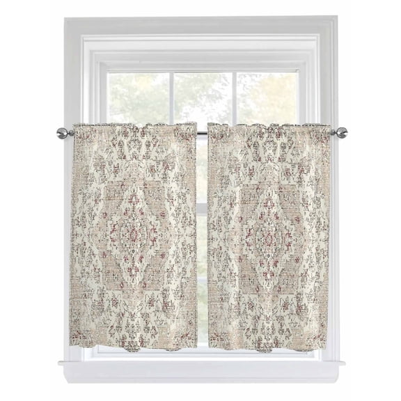 Beige Boho 2 Panel Kitchen Curtains for Windows, Middle Century Ethnic Vintage Abstract Bathroom Privacy Curtain, Home Décor Window Treatment for Bedroom/Living Room 55"x45"