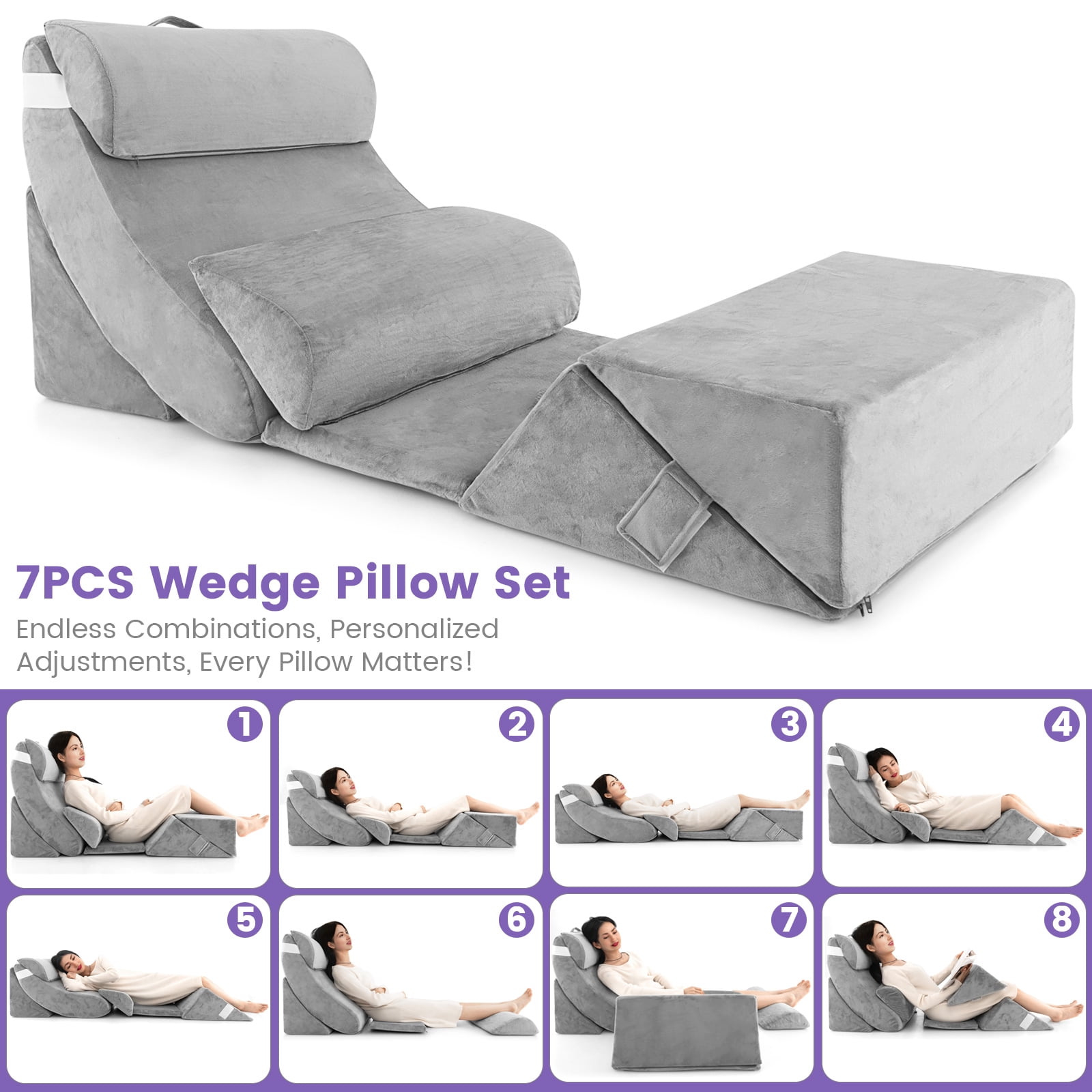 Infans 7PCS Bed Wedge Pillow Set Adjustable Back Neck Leg Support Memory Foam Grey