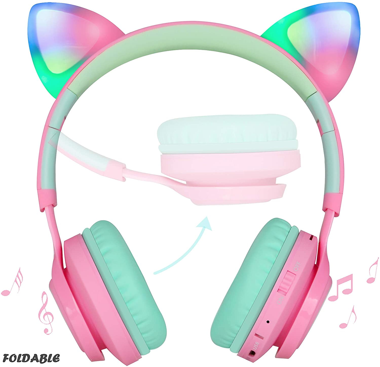 Riwbox Bluetooth Headphones, Riwbox CT-7 Cat Ear LED Light Up Wireless Foldable Headphones Over Ear with Microphone and Volume Control for iPhone/iPad/Smartphones/Laptop/PC/TV (Pink&Green)
