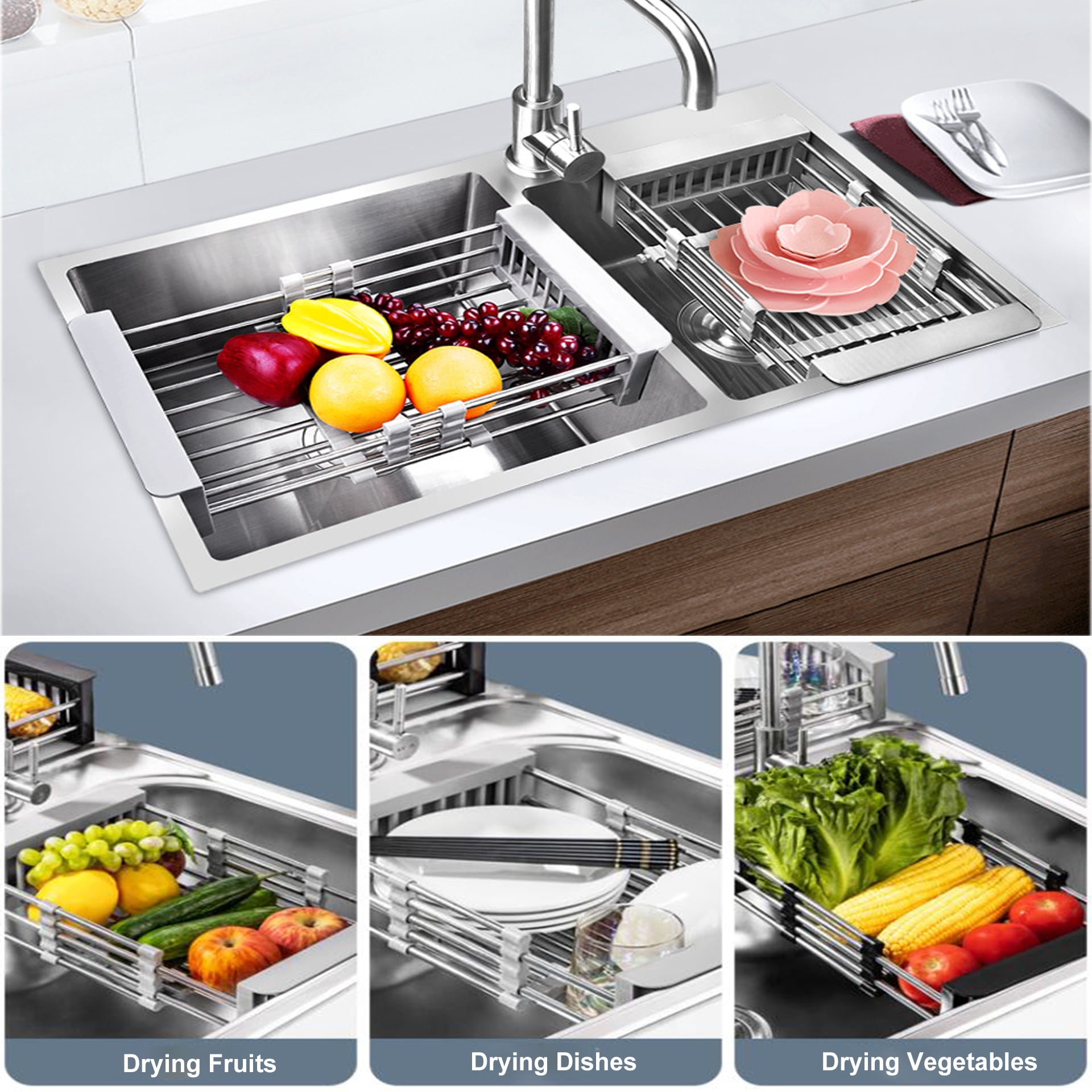 GULICA Dish Drying Rack Grey, Adjustable Stainless Steel Drainer Basket Drain Tray for Dish Vegetable Fruit, On Counter Dish Rack or in Sink Over Sink Kitchen Basket Dish Drying Rack, Large