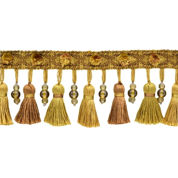 3" (7.5cm) Tassel Fringe Trim and Hanging Ball Bead with Fancy Pompom Header # BTFEL3,, Golden Beige #EL15 (Gold Beige, Dark Gold) Sold By The Yard (36"/3 ft/0.9m)