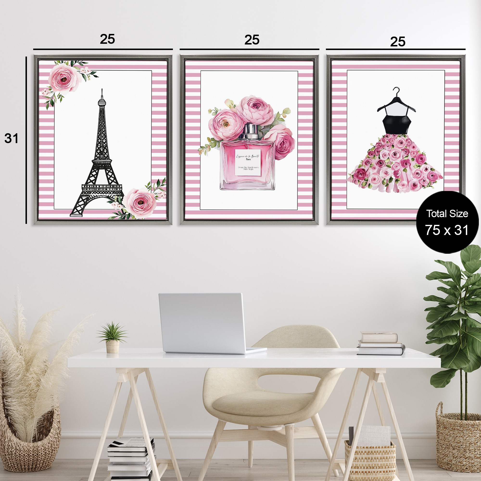 Parisian Glam with Stripes 3 Piece Gray Framed Floater Canvas Set, design by Christine Simpson Art