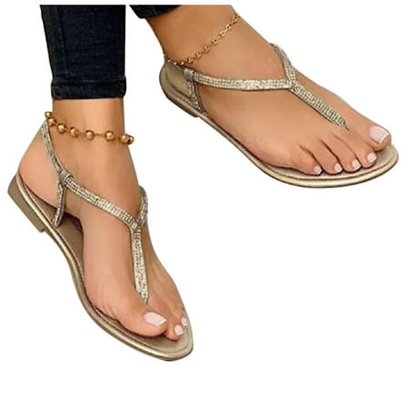 

YanHoo Women s Slide Sandals - Rhinestone Dressy Bohemian Slip On Flat Sandals Cute Low Wedge Flip Flop Thong Summer Open Toe Sandal Shoes