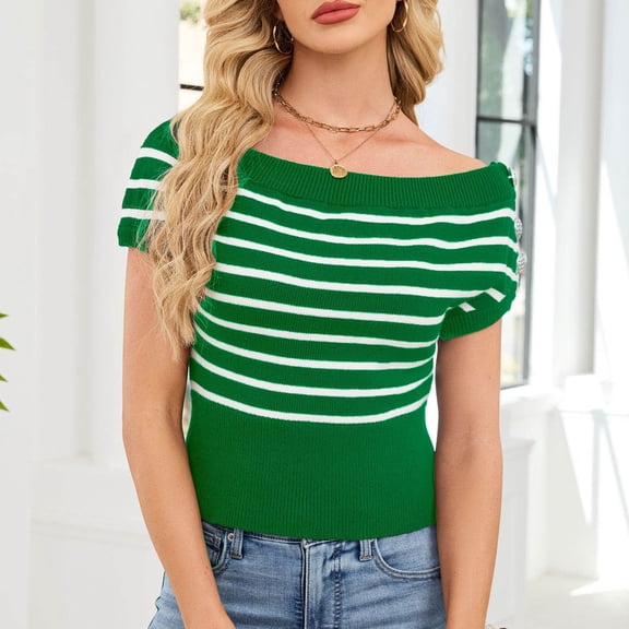 Sevevn Women Sexy Boat Neck Off Shoulder Sweater,Short Cap Sleeve Striped Knit Crop Top,Spring Summer Trendy Casual Outfit