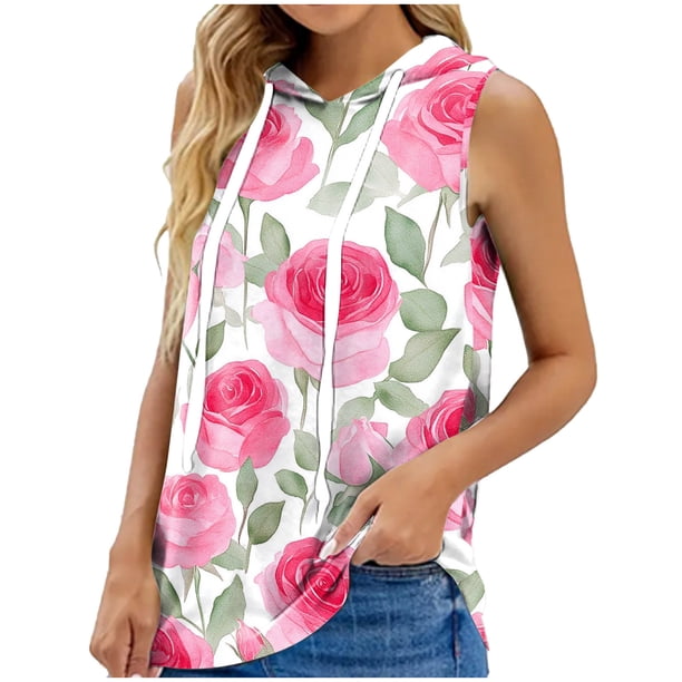 Tops de Ajuste Suelto para las Mujeres con Capucha Impresa Floral sin Mangas, Ligero Poliéster Casual Y Uso Diario