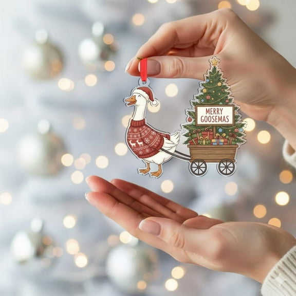 ViciArt Goose Christmas Ornament, Holiday Decor with Sweater & Wagon, Merry Goosesmas, Acrylic/Fiber Wood