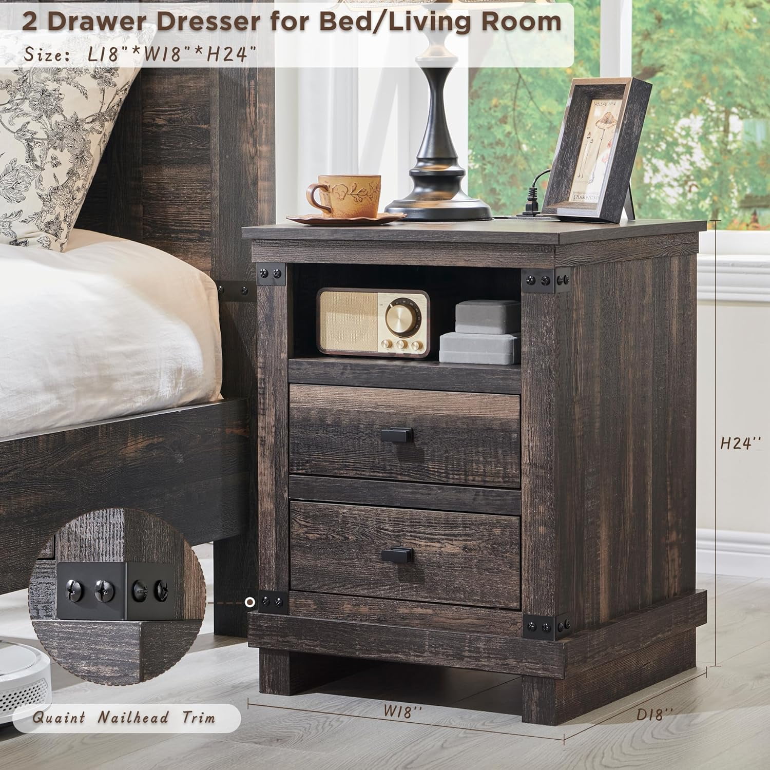 OKD Farmhouse 18" Nightstand with Charging Station, Rustic Metal Wood End Tables with Adjustable Shelves, Side Tables，Dark Rustic Oak